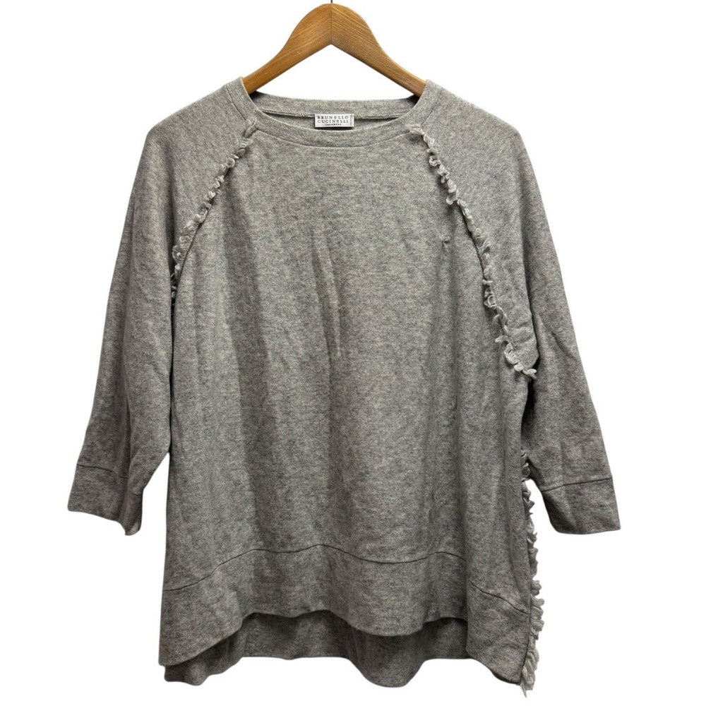 Brunello Cucinelli Women's XL Gray Cashmere Knit Crewneck 3/4 Sleeve Sweater euc